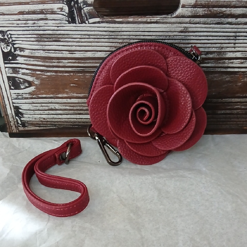 3D Leather Red Rose Coin Purse And Wristlet